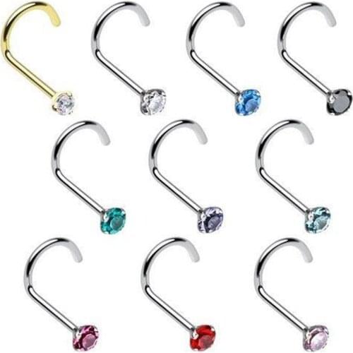 20Gx6x3mm Stainless Steel Colorful Zircon Twist Screw Nose Ring Ear Cartilage Wrap Ring Tragus Earring Piercing Jewelry 0.8mm