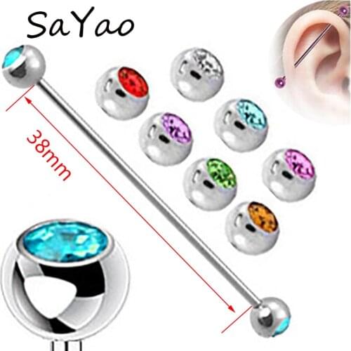SaYao 2 piece Stainless Steel Earring 14G Long Industrial Barbell Earring Crystal Ball Tragus Earrings Body Ear Piercing Jewelry