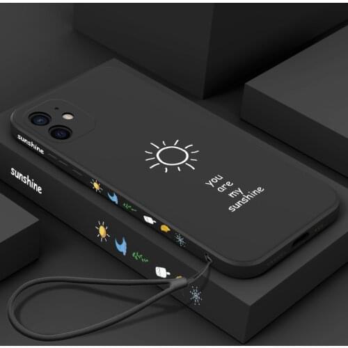 Ultra-thin Cute Sunshine Square Liquid Silicone Phone Case For iPhone 12 11 Pro XS Max SE XR X 8 7 6 Plus Luxury Lanyard Cover