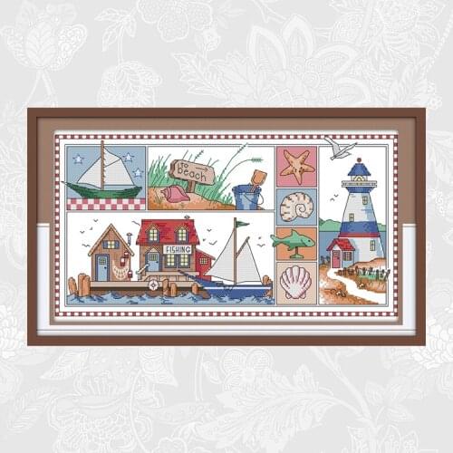 Impression of Seaside Patterns Needlework,DIY Cross-stitch,DMC Embroidery kits,Chinese Cross stitch Printed on Canvas