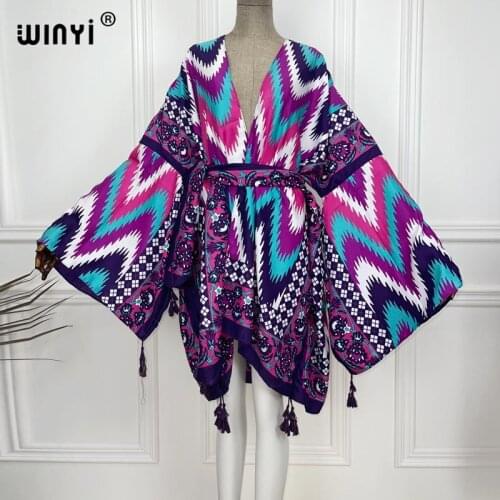 WINYI 2021 Africa Summer Women Cardigan stitch traf robe Cocktail sexcy Boho Maxi African Holiday Batwing Sleeve Silk Robe