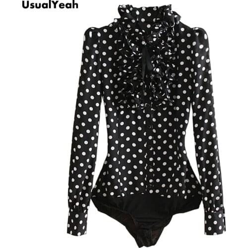 New Hot Fashion Korea Style Vintage Chiffon Polka Dots Womens Body Blouse Tops Shirt Stand Collar Ruffles S M L XL SY0185