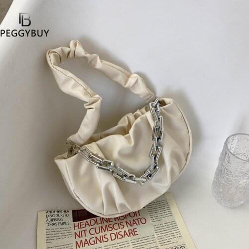 2021 Fashion Pleated Tote Bag Retro Women Solid Color Semicircle Shoulder Underarm Bag Ladies PU Thick Chain Purse