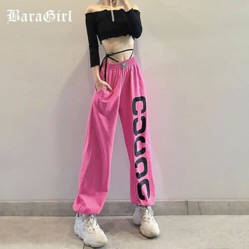 Lolita Kawaii Letter Printing Lace Up Hip Hop Pant Women Solid Casual Baggy High Waist Streetwear Elastic Sporty Lady G Trousers