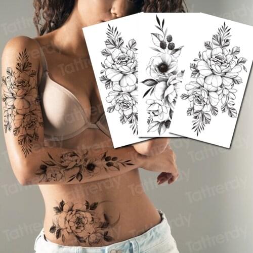 Rose Peony Flower Girls Temporary Tattoos For Women Waterproof Black Tattoo Stickers 3D Blossom Lady Shoulder DIY Tatoos Water