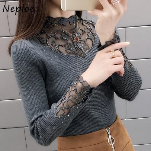 Neploe Knitted Pullovers Women Slim Fit 2021 New Fashion Lace Collar Solid Long Sleeve Soft Female Underlay Sweaters 82290