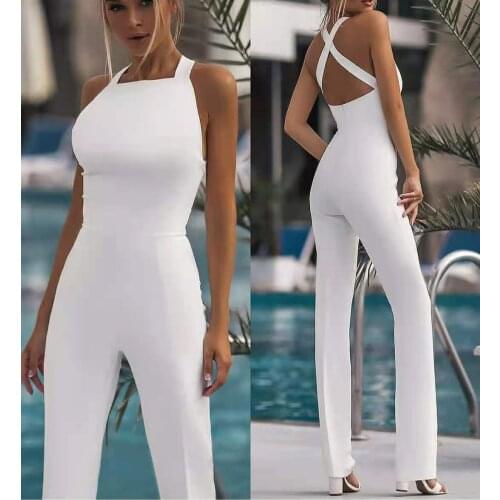 Long White 2021 Jumpuit Evening Dresses V-Neck Ankle Length Sexy Criss Cross Back Satin Formal Party Gowns for Women