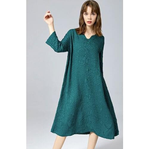 Plus Size Dress For Women 45-75kg Autumn 2020 New Embroidered Miyake Pleated V-Neck Long Sleeves Loose A-Line Solid Color Dress