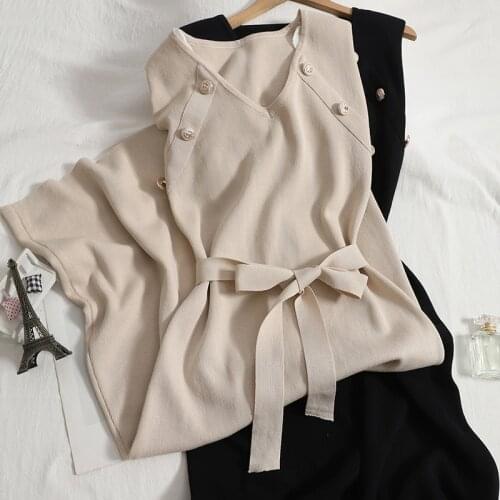 ALPHALMODA 2021 V-neck Sleeve Less Button Details Sashes Women Casual Knitted Dress Solid Color A-line Mid-calf Solid Dress