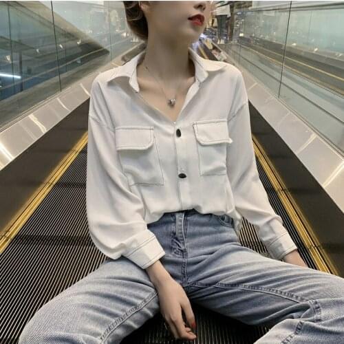 2020 Summer New Women Blouse Pockets Loose Solid Office Lady Elegant Shirts Chiffon All Match Outwear Coat Tops