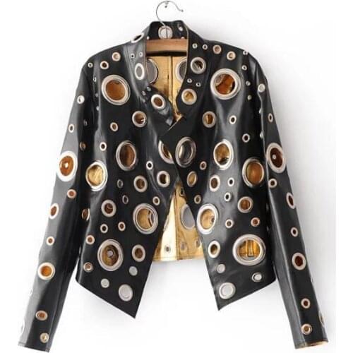 Shining Golden Leather Jacket Women Metal circle Moto Coat Punk Rock Faux Jacket jaquetas couro Casaco chaquetas Show Jacket