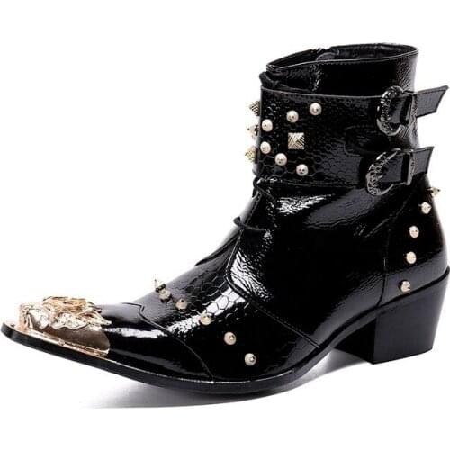 Western Punk Mens Boots Pointed Metal Toe Black Leather Ankle Boots Men Black Soft Leather 6.5CM Heels Motorcycle Men