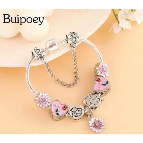 Buipoey Pink Daisy Flower Charm Bracelets For Women Original New Mothers Arms Heart Beaded Bracelet & Bangle Jewelry