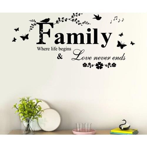Home Love Never End Quote Wall Art Stickers Family Pattern Wallpaper Butterfly With Birds Wall Decals Family Home Decor AJ509