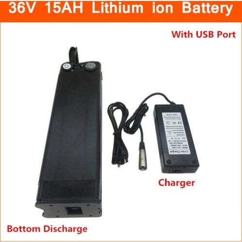 36V 15AH 500W E bike battery 36V lithium ion silver fish 18650 battery with USB Port charger and 15A BMS Bottom discharge