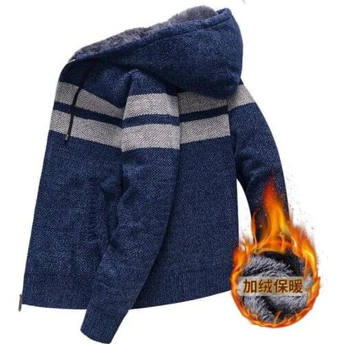 Cardigan male autumn and winter plus plush and thick catch nap clothes warm slim stripe sweater fashion new mens clothing