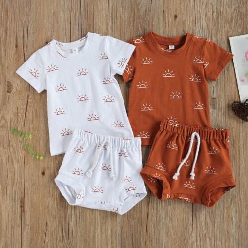 Newborn Baby 2-piece Outfit Set Summer 2021,Short Sleeve Sun Print Tops+Shorts Set for Kids Boys Girls Daily Wear