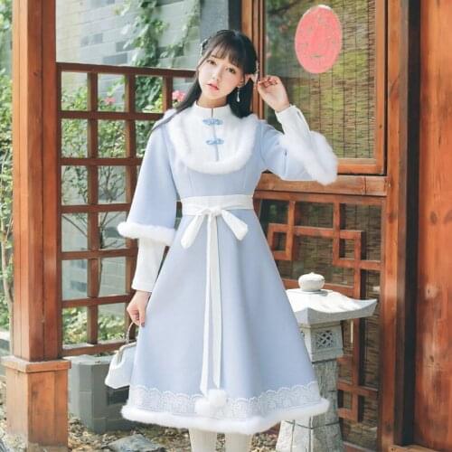 Chinese Style Soft Sister Lolita Dress Women Vintage Traditional Sweet Wool Blends Lace-Up Princess Dress Girly Hanfu Dresses