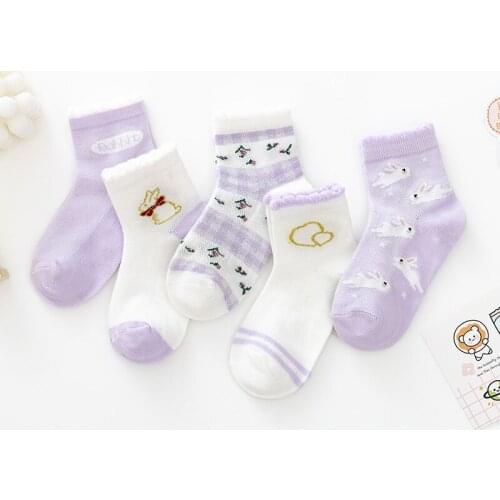Only My Foot Girls Socks Summer Cotton Cute Purple Rabbit Cartoon Mesh Socks For Set Ankle Thin Baby Kids Stocking 5Pairs/Lot