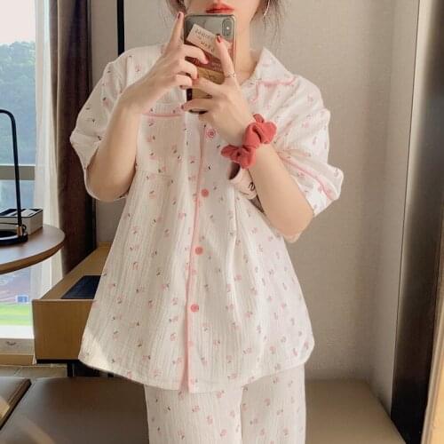 Pink Short Sleeve Long Pants Pyjamas Top Turn Down Collar Floral Printed Sweet Women Summer Sleepwear Cotton Casual Home Suit