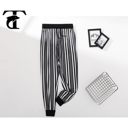 Outing Casual Men Pencil Pants New Fashion Summer Clothing Gray Striped Suit Pant High Waist Elastic Pocket Trousers Joggers