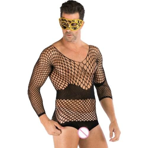 Popular Male Underwear 2020 New Mens Long-sleeved Lingerie Sexy Mesh Clothes Fishnet Bodysuit Porno Man Bar Club Nightwear