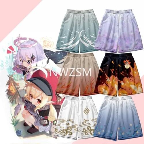 Genshin Impact cartoon print shorts quadratic game peripheral Klee Keqing printing cos five-cent baggy beach pants