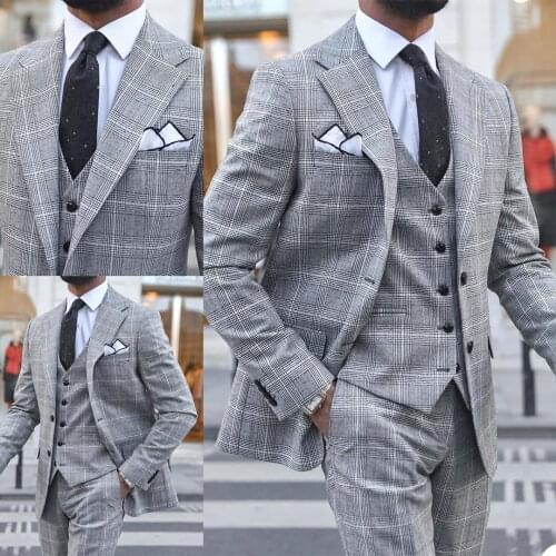 High Quality Check Wedding Tuxedos 3 Pieces Mens Groom Suits British Plaid Prom Party Blazer Coat (Jacket+Vest+Pants)