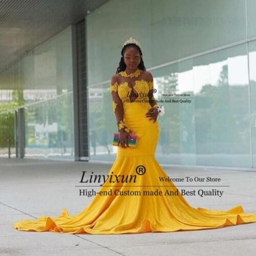 Yellow Mermaid Prom Dresses Srew Neck Long Sleeve Sweep Train Appliques Illusion Bodice Formal Evening Gowns Custom Made