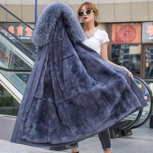2021 Leather Coat Winter Jacket Women Long Parka Coat Natural Rex Rabbit Fur Collar Hood Thick Warm Real Rabbit Fur Lining