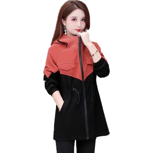 Womens Windbreaker Jacket New 2021 Spring Autumn Ladies Mid-Length Drawstring Slim Casual Hooded Zipper Outerwear Tops Femm 4XL