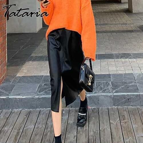 Black PU Faux Leather Skirts for Women Front Split Baisc Womens Straight Skirt Lady Vintage High Waist Autumn Warm Mujer Faldas