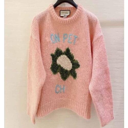 2021 Early Spring Women Pullovers Mohair O-Neck Pink Knitted Sweater Flower Letter Embroidery Pullover Fashion