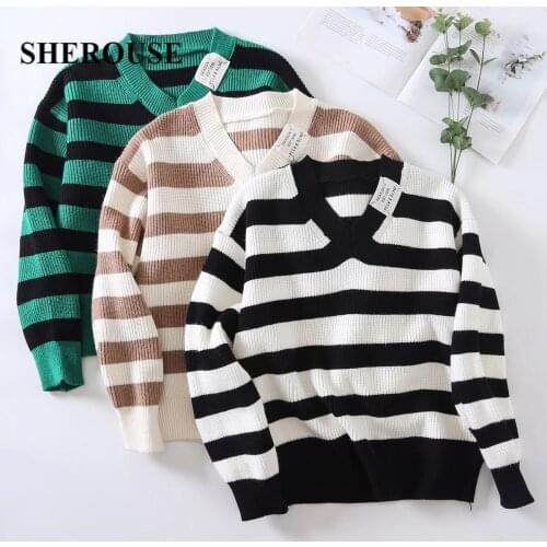 SHEROUSE Women Fashion Striped Knitted Pullover Sweater V-Neck Long Sleeves Vintage Female Knit Sweaters Chic Tops