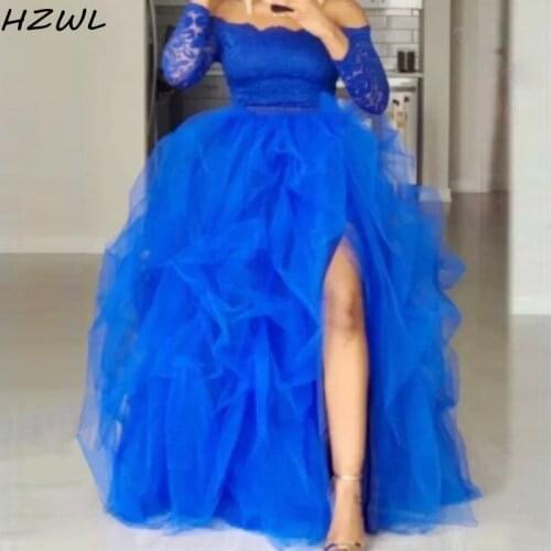 Royal Blue Party Dresses High Side Slit Tulle Skirt Puddy Tiered Skirt for Women Two Pieces Plus Sizs Homecoming Dress