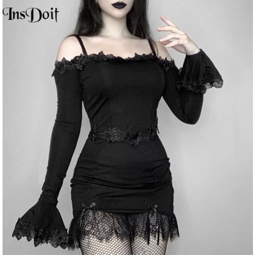 InsDoit Gothic Lace Patchwork Black Dress Women Sexy Vintage Lolita Mini Dress Ruffles Aesthetic Flare Sleeve Party Club Dresses