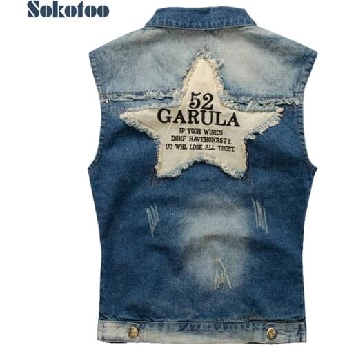 Sokotoo Mens denim vest male five-pointed star letter outerwear patchwork denim jacket Plus large size tank top Free shipping