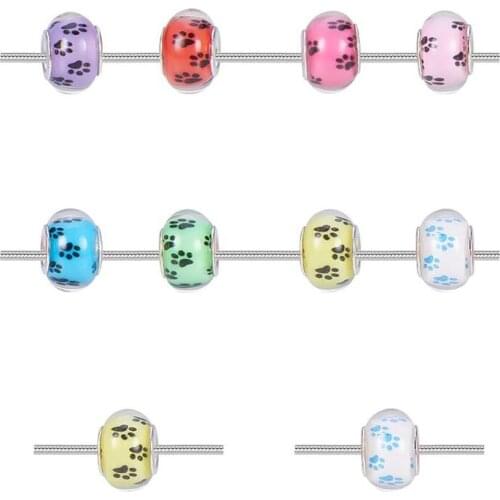 20Pcs Pet Puppy Dog Paw Footprint Muranos Big Hole European Spacer Beads Charms Fit Pandora Bracelet DIY Women Crafts Jewelry
