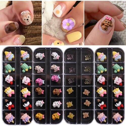 3D Resin Kawaii Nail Art Decoration In 12Girds Box(Animal/Fruit/Ice Cream/Girl) Mix Shape Cartoon Charms Manicure Accessories