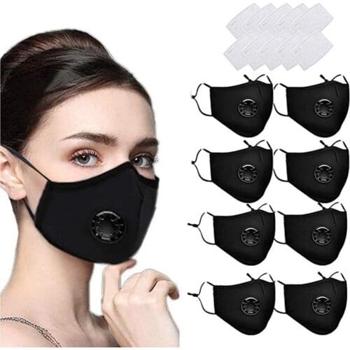 8pcs Black Face Masks Wholesale Adult Breathable Filter Masks With Breathing Valves Washable Pm25 Mouth Mask Adjust Bandage