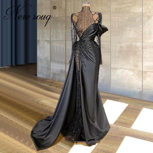 African Custom Formal Evening Dresses Plus Size Black Beaded Illusion Prom Dress Middle East 2020 Vestido Women Party Night Gown