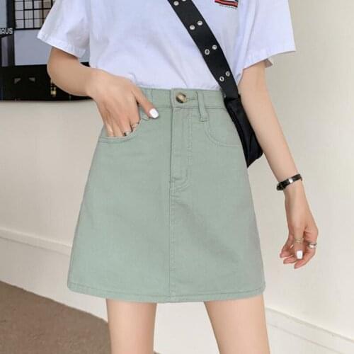 Ailegogo New Summer Women High Waist A-line Light Green Short Denim Skirt Casual Female Solid Color Basic Short Jeans Skirts