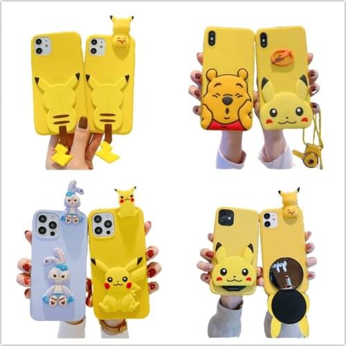 Anime Pokemon 3D Pikachu Lanyard Silicone Protective Case for Iphone 12 Mini 11Pro MAX XR 8 Plus Mobile Phone Case with Pendant