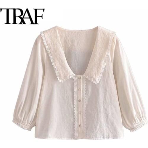TRAF Women Sweet Fashion With Embroidered Collar Ruffle Blouses Vintage Three Quarter Sleeve Female Shirts Chic Tops