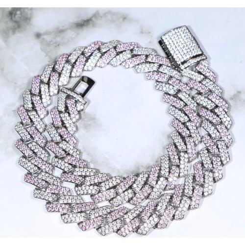 Iced out bling cz 15mm width cubic zirconia cuban chain pink white cz two tone color cuban necklace hiphop women choker jewelry