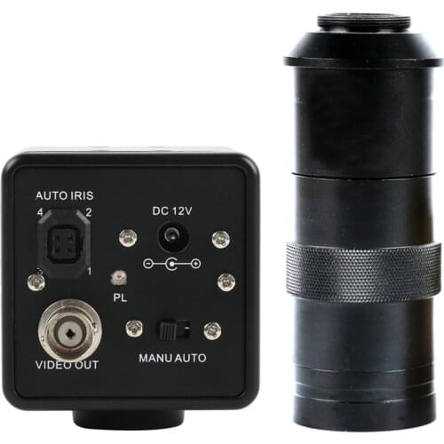 800TVL CCD Digital Microscope BNC Output Industrial Camera Auto IRIS + 100X Zoom C-mount Lens
