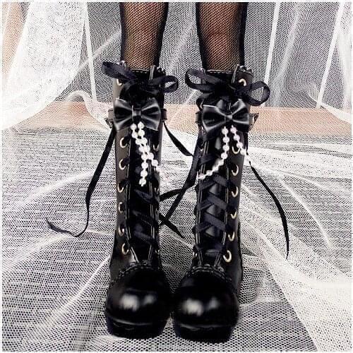 D01-P046 children handmade toy 1/3 1/4 Doll Accessories BJD/SD doll shoes Beaded Bow Lace Black Bandage Boots 1 pair