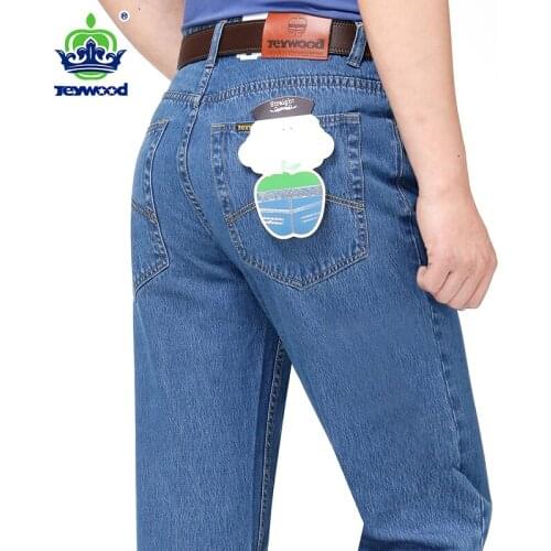 JEYWOOD Brand 100% Cotton Loose Straight Jeans Men Classic Fashion Denim Pants Light Blue Washed Casual Trousers Male 35 40 42