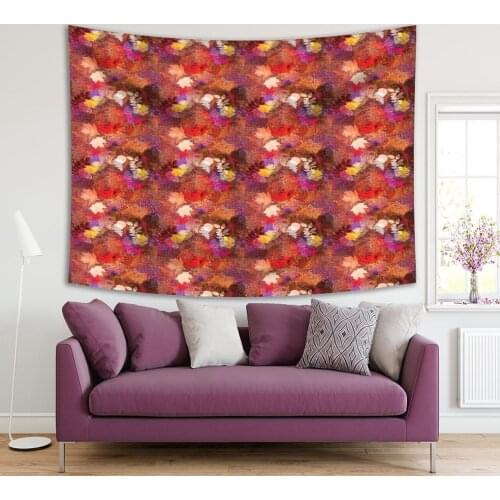 Tapestry Leaves Pattern Floral Artwork Foliage of Oak Maple Birch Red Purple Yellow Orange Autumn Theme