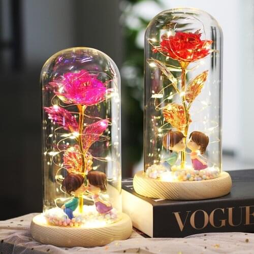 Artificial Flower Beauty And Beast Rose Galaxy Rose In Glass Dome LED Home Decor Wedding Mothers Birthday Valentines Day Gift